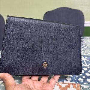 Tory Burch black Saffiano leather front flap clutch